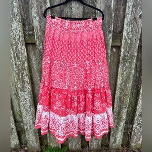 Avenue Boho Skirt Womens Skirt 14/16 Pink White Tiered Smocked Waist Cotton